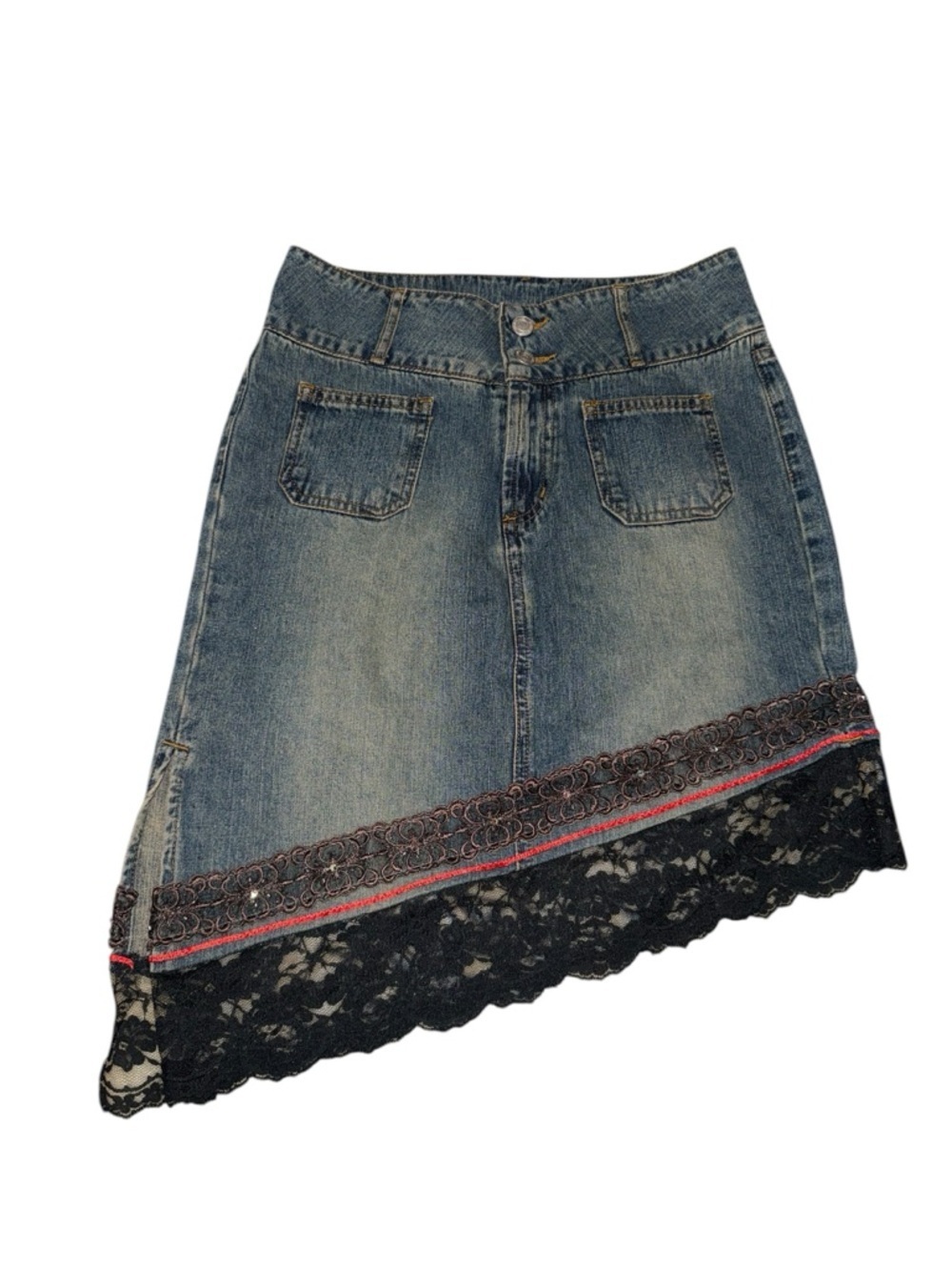 Vintage Paris Blues Asymmetrical Denim Skirt Size 1 Y2K Lace Trim Low Rise Mini